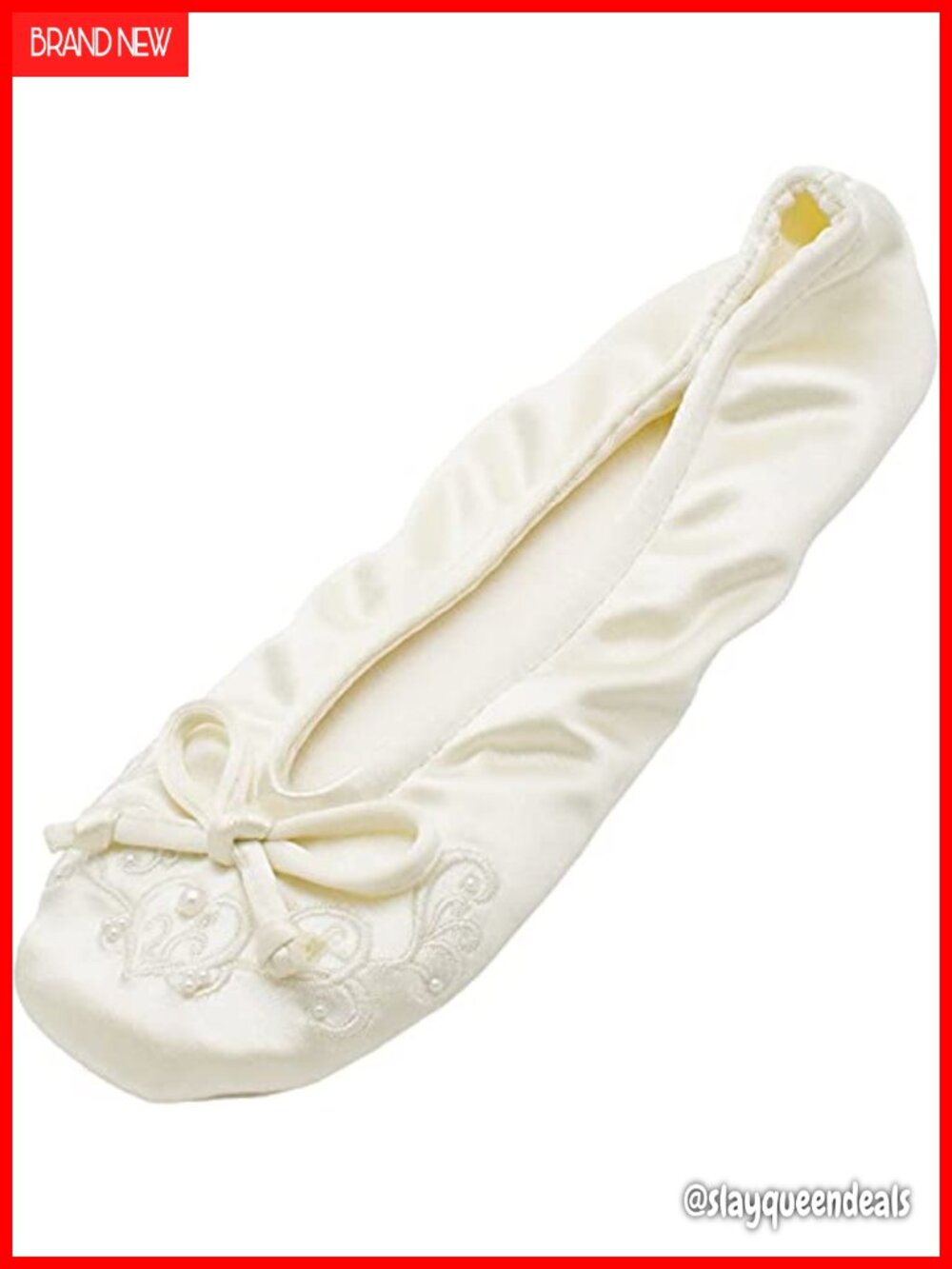 Satin Ballerina Slippers Embroidered Pearl Suede Sole Terry Lined House Shoes